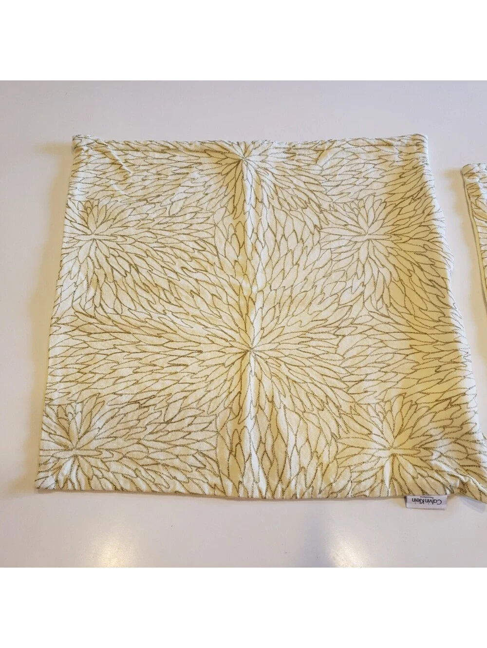 Calvin Klein Throw Pillow Covers QTY 2 Pale Yellow Gold Metallic Thread Flowers